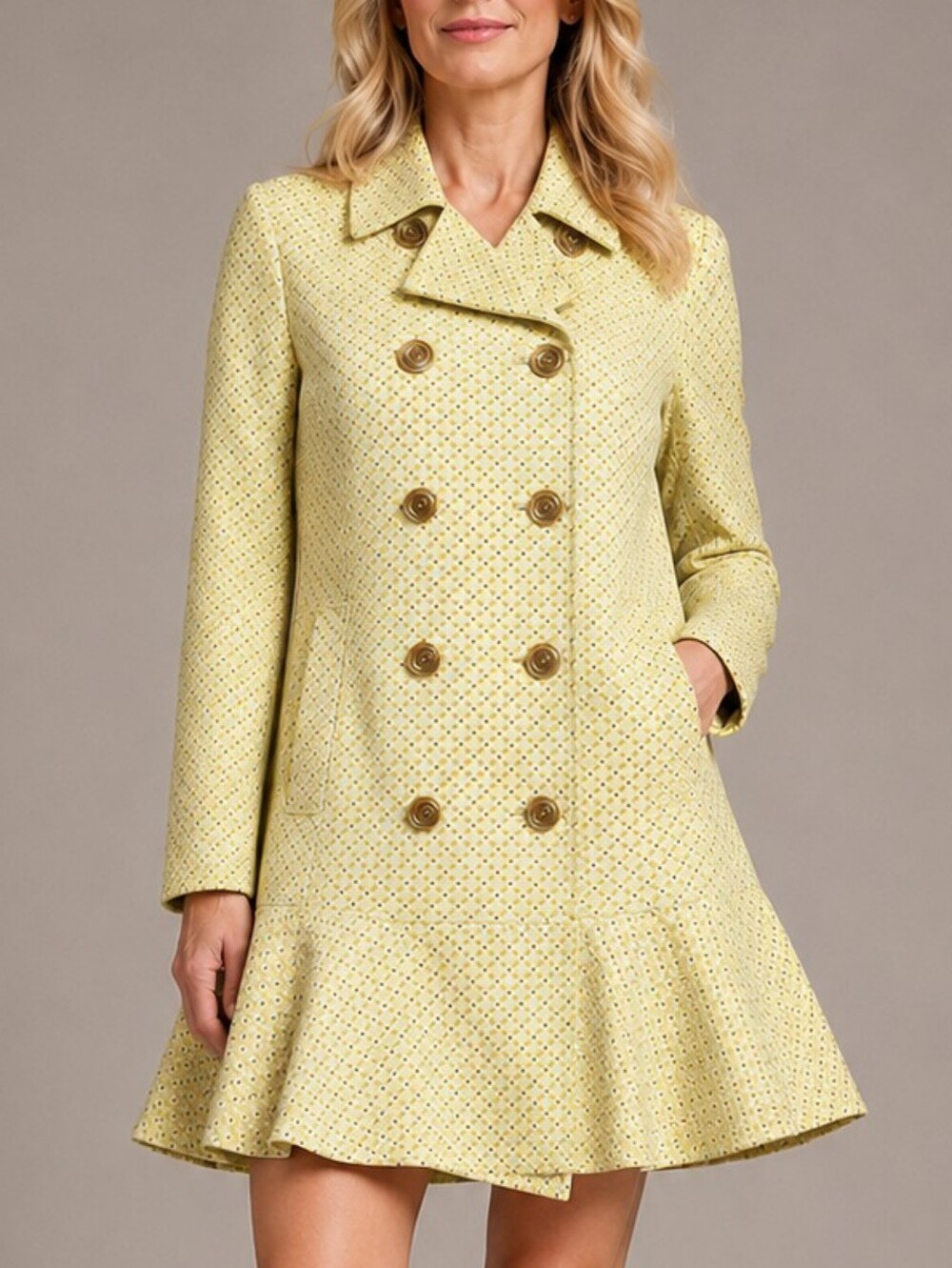 Cabi Hobnob Double Breasted Jacket S Ruffle Yellow peplum Topper Preppy #6249